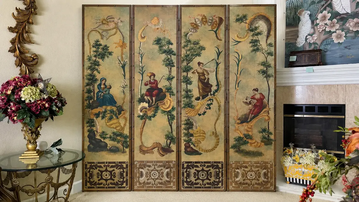 Tall Hand-Painted 4-Panel Folding Screen with Pastoral Figures
