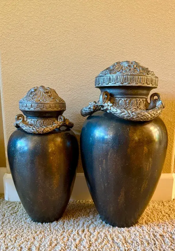 Pair of Ornate Lidded Decorative Urns -  Black & Antique Gold