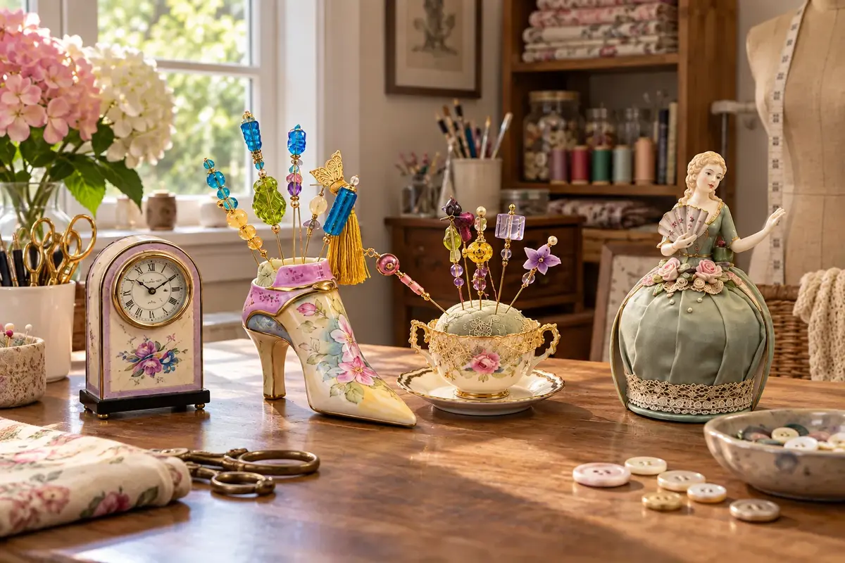 Assorted Decorative Sewing & Vanity Collection with Roger Lascelles Clock (4 pcs)