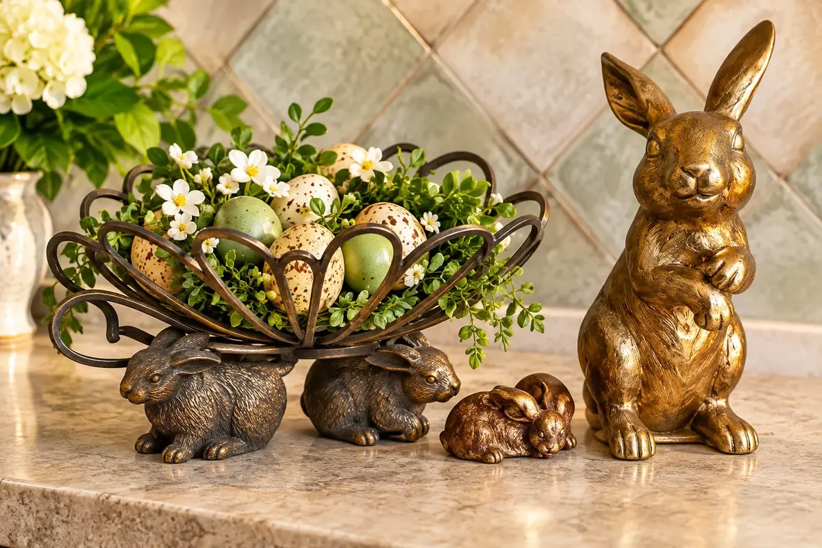 Decorative Metal Rabbit Basket Centerpiece & Rabbit Figurines