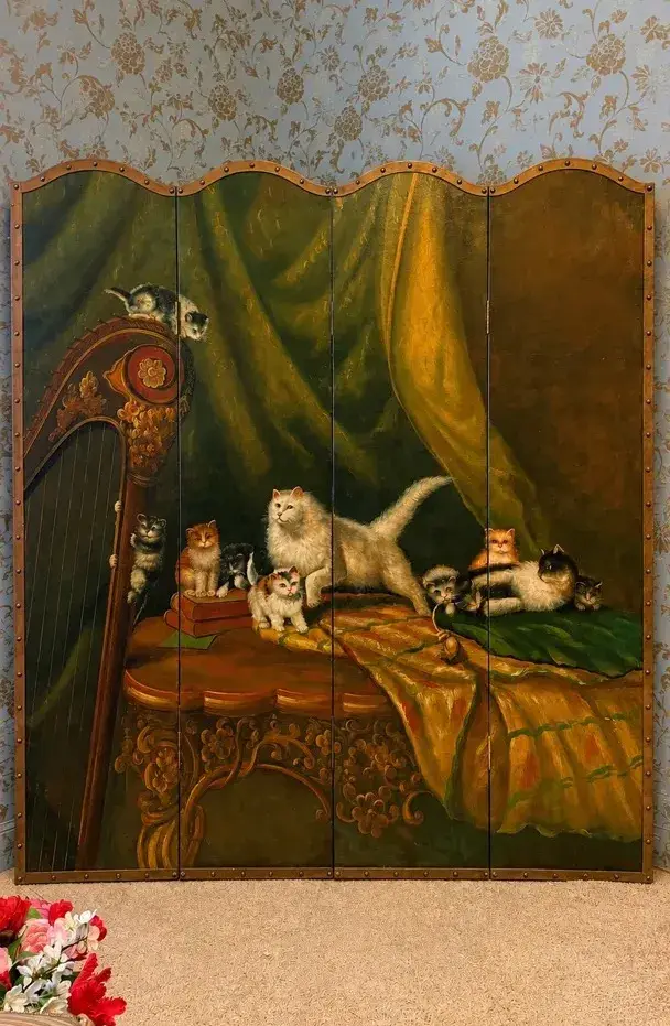 Large 4-Panel Hand-Painted Cat & Harp Folding Room Divider Screen