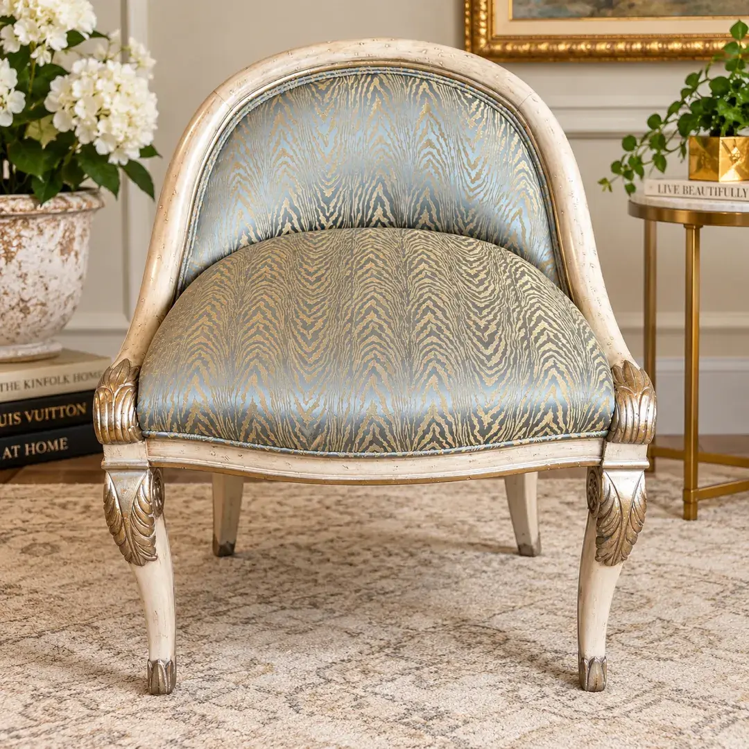 French Neoclassical Style Upholstered Accent Chair  Silver Gilt Finish