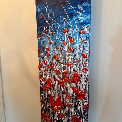 Contemporary vertical canvas painting featuring a textured, impasto depiction of red poppies against a blue and white background.