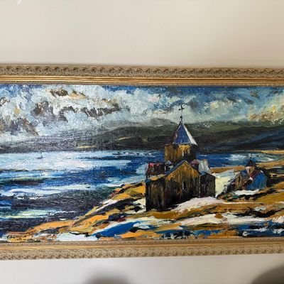 Expressionist oil painting depicting Sevanavank Monastery on Lake Sevan, dated 1990, housed in an ornate gilt frame.