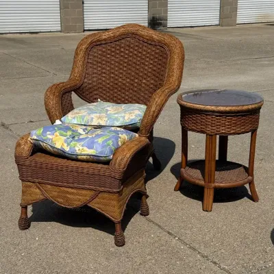 Wicker Armchair, Ottoman, and Side Table Set.