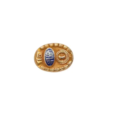 Vintage Sperry 15-year service award pin, featuring a gold-tone oval design with blue enamel detailing.