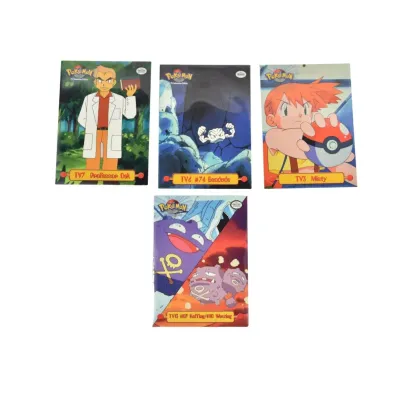 Four vintage Pokémon TV Animation Edition trading cards featuring Professor Oak, Geodude, Misty, and Koffing/Weezing, in excellent...