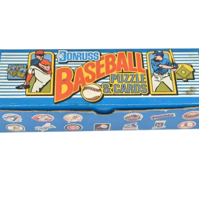 Vintage Donruss Baseball Puzzle & Cards storage box, featuring classic MLB team logos and retro illustrations.
