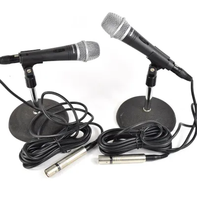 Pair of RadioShack dynamic microphones on weighted desk stands, complete with XLR cables.