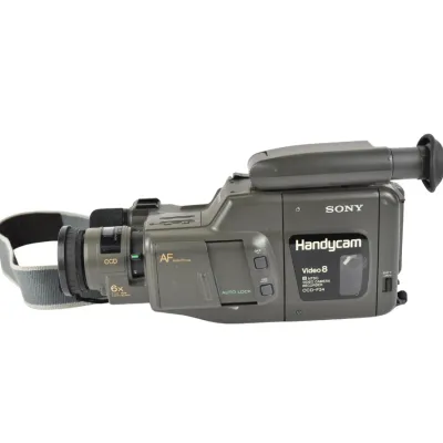 Vintage Sony Handycam Video 8 camcorder, model CCD-F34, featuring a 6x zoom lens and autofocus, circa late 1980s.