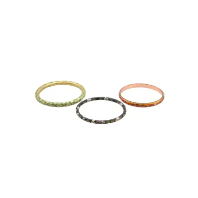 Trio of vintage cloisonné enamel bangle bracelets in green, black, and orange floral patterns.