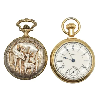 Vintage Sears pocket watch with a gold-tone case and Roman numeral dial, shown alongside a decorative pocket watch case featuring an...