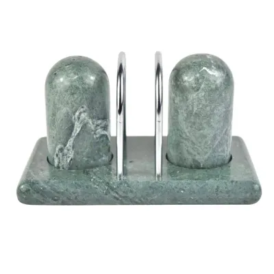 Vintage green marble salt and pepper shaker set with matching base and chrome napkin holder rings.