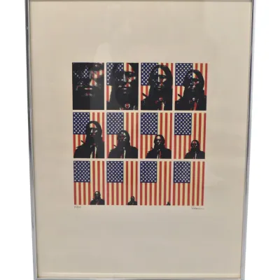 Framed and matted limited edition print by artist Fritz Scholder, featuring a repeating grid of Native American portraits overlaid with...