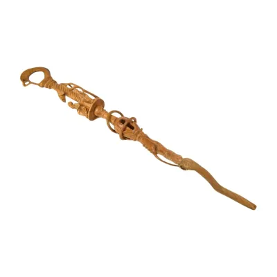 Intricately carved wooden staff or scepter featuring detailed openwork, figures, and rings, likely of East Asian origin.