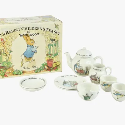 Vintage Peter Rabbit children's tea set by Wedgwood, featuring Beatrix Potter illustrations, complete with original box.