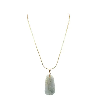 Carved light green jadeite jade pendant featuring a floral motif, suspended from a gold-tone herringbone chain.