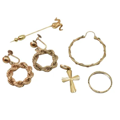 Assorted vintage gold-tone jewelry, including a pair of twisted rope screw-back earrings, a single hoop earring, a cross pendant, a...