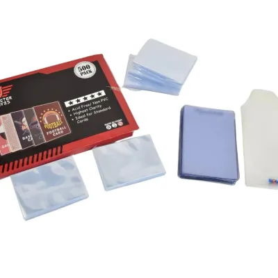 H Protector Sleeves 500-pack box for trading cards, shown with several stacks of clear plastic card sleeves and top loaders.