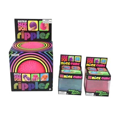 Schylling NeeDoh sensory toys in original packaging, including one Super NeeDoh Ripples and two Nice Cube squish toys.