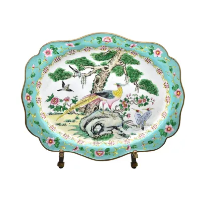 Chinese canton enamel scalloped tray featuring a hand-painted scene of a pheasant and cranes in a garden, bordered by a turquoise floral...