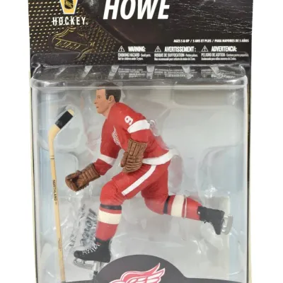McFarlane Toys NHL Vintage Hockey Gordie Howe action figure in original clamshell packaging, depicting him in his Detroit Red Wings uniform.