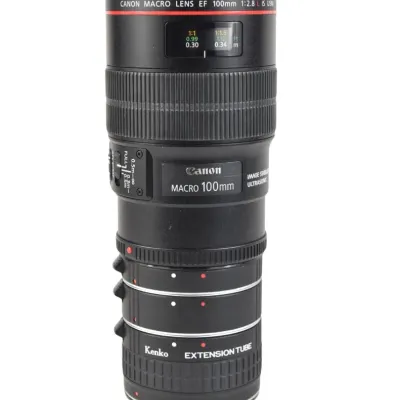 Canon EF 100mm f/2.8L Macro IS USM lens, shown mounted on a set of Kenko extension tubes.