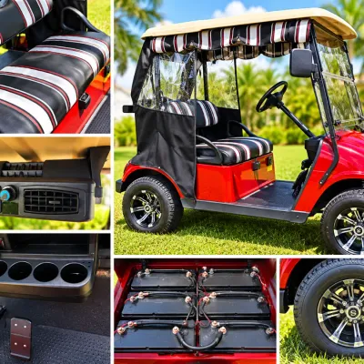 Custom red electric golf cart featuring striped vinyl upholstery, a full weather enclosure, overhead fan, custom wheels, and a...