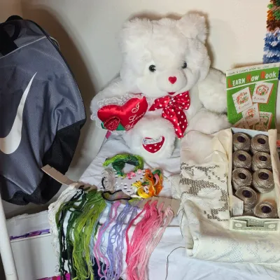 Assorted crafting supplies including embroidery floss, a box of Coton Perle thread, and a "Learn How Book," displayed alongside...