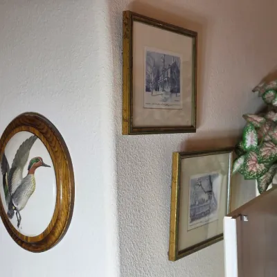 An oval framed ceramic tile featuring a green-winged teal duck in flight, alongside two small framed landscape prints in gold-toned frames.