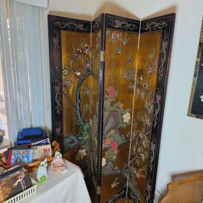 Four-panel Asian-style folding floor screen featuring a gold-leaf background with painted birds, cherry blossoms, and a black lacquer...