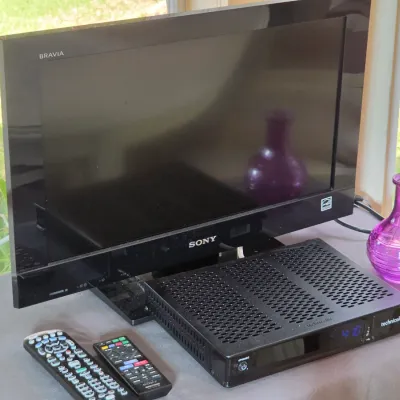 Sony Bravia flat-screen television with a Technicolor receiver box, two remote controls, and a small purple glass vase.
