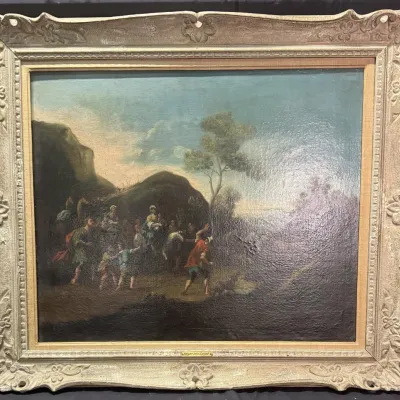 Antique oil painting titled "Flight into Egypt," depicting a biblical scene in a classical landscape, housed in an ornate,...