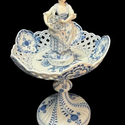 Meissen Blue Onion pattern porcelain compote, featuring a reticulated basket rim and a central female figurine holding a basket of flowers.