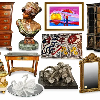 Collection of fine art and antiques, including a Peter Max painting, a Chinoiserie cabinet, a bronze bust, a marble-top console table,...