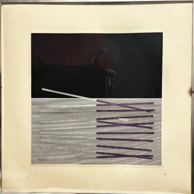Jesús Rafael Soto kinetic op-art screenprint, featuring a split composition of solid black and horizontal lines overlaid with silver and...