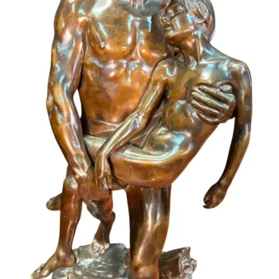Classical bronze sculpture depicting a man carrying a limp figure, featuring a warm brown patina and detailed musculature on a rocky base.