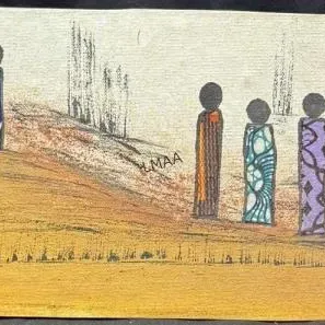 Panoramic African folk art painting on textured canvas, depicting stylized figures in colorful patterned robes, signed 'Bolly A....