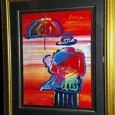 Peter Max mixed media painting featuring his signature "Umbrella Man" motif, signed in the upper right, presented in a black...