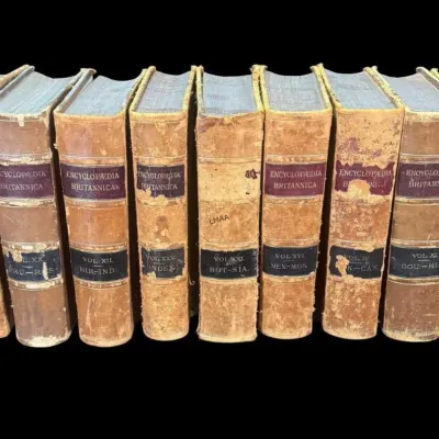 Nine volumes of the Encyclopædia Britannica Ninth Edition, featuring heavily worn leather bindings with gilt lettering on the spines.