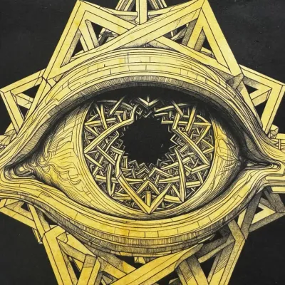 Intricate black and gold graphic print featuring a stylized eye composed of geometric, architectural-style lines and interlocking star...