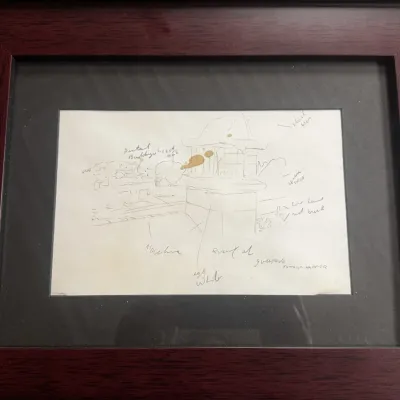 Framed pencil sketch with handwritten notes, signed Edward Hopper, depicting an architectural study with color annotations.