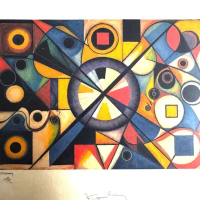Abstract geometric art print featuring bold primary colors, circles, and intersecting lines in the style of Wassily Kandinsky, mounted on...