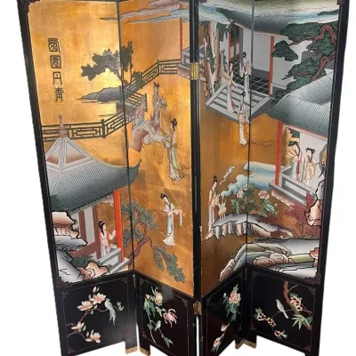 Vintage Chinese four-panel folding floor screen featuring a detailed court scene with figures on a gold leaf background, accented by...