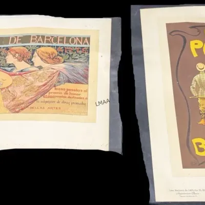 Two vintage advertising poster prints, including a 1896 Barcelona Fine Arts Exposition poster and an Abbotts Phit-Eesi Boots and Shoes...