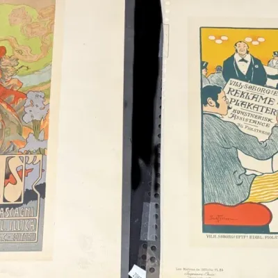 Two vintage art prints from Les Maîtres de l'Affiche, featuring Alphonse Mucha's 'Iris' on the left and a Danish...