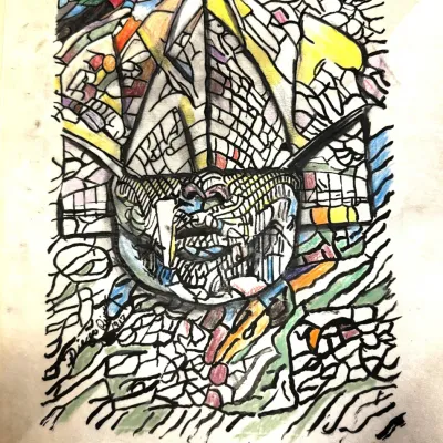 Diego Rivera cubist-style sketch titled "Mi Próximo Proyecto Cubista," featuring intricate black ink linework and colored...