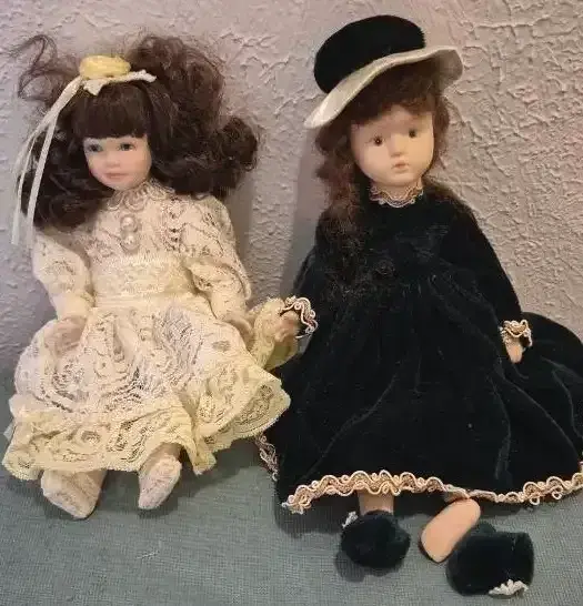 Pair Of Vintage Porcelain Dolls One With White Lace Dress And One with Black Lace Dress