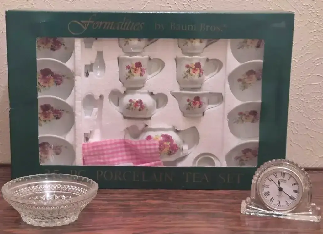 Formalities By Baum Bros 25 Piece Miniature Porcelain Tea Set Heavy Glass Quartz Clock & More 