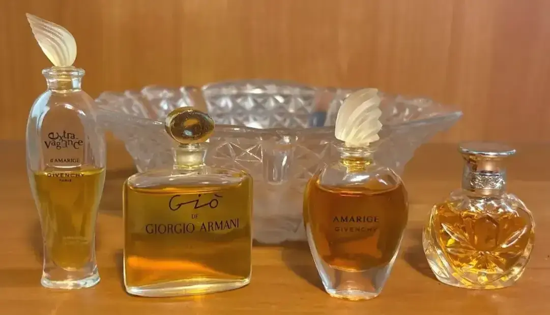 Miniature Perfume Assortment Of Giorgio Armani Amarige Givenchy And Crystal Bowl